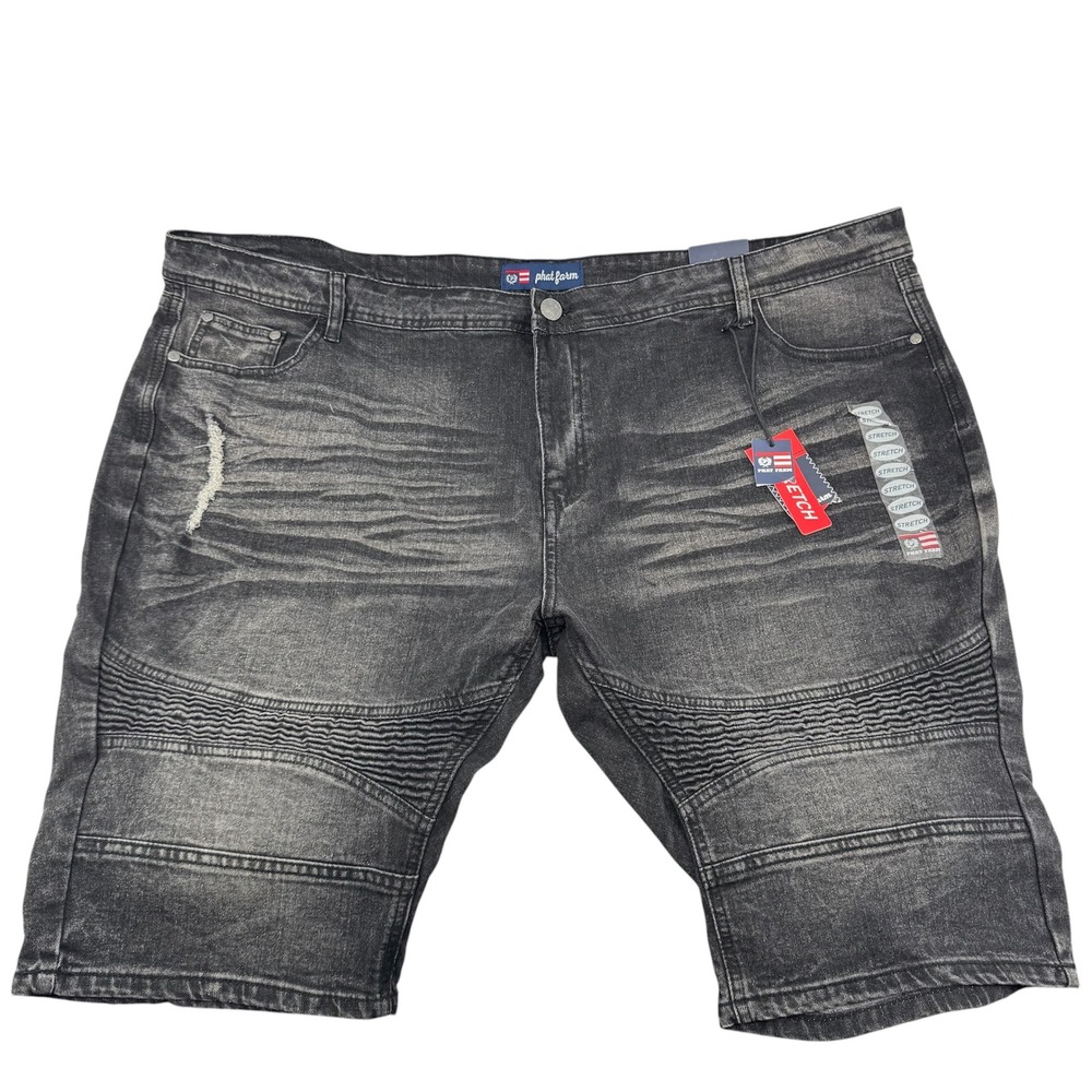 Phat Farm Denim Shorts Mens 46 Black Moto Distressed Skinny Fit New 12.5" Inseam